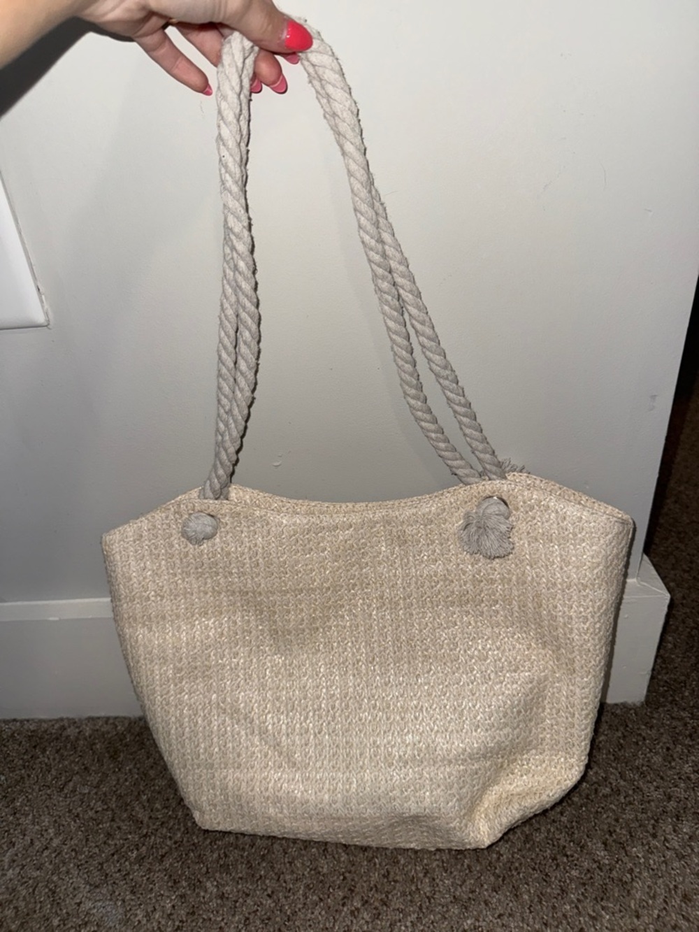 Tan Woven Rope-Handle Beach Tote Bag